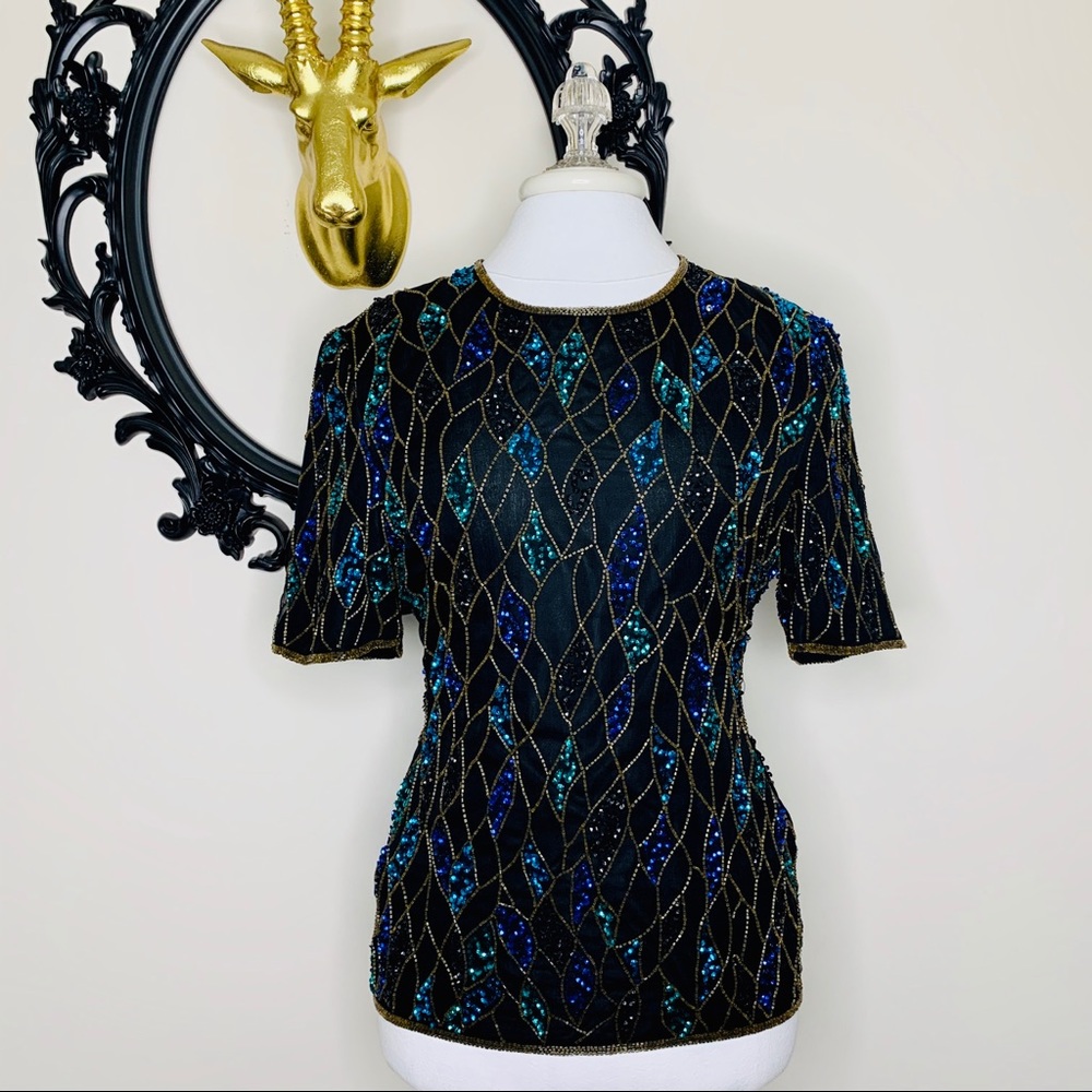 Vintage Scala Black Silk Beaded and Sequin Top